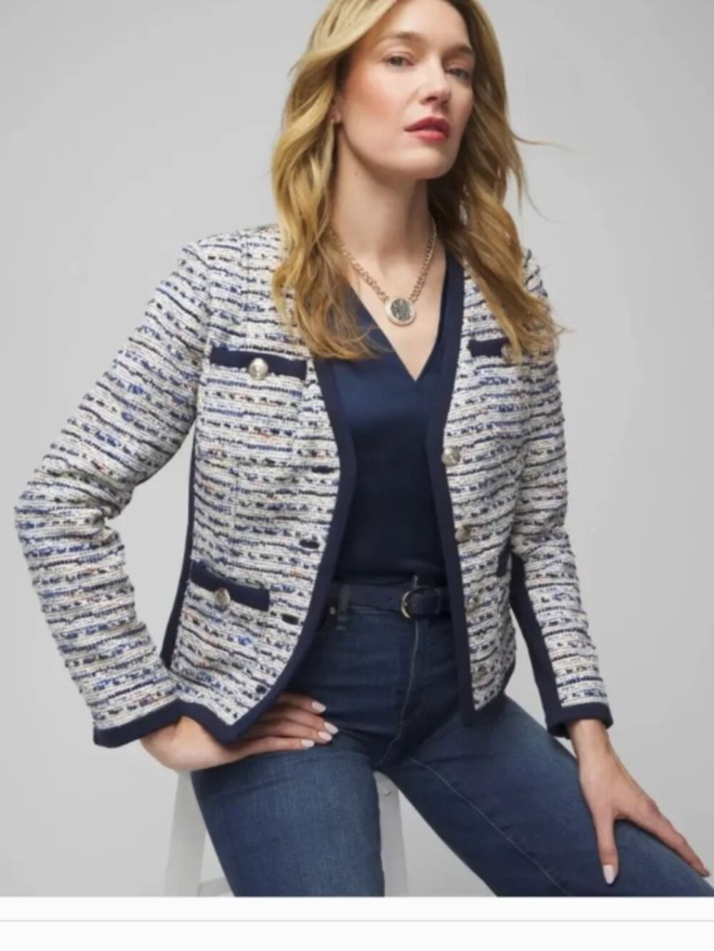 WHITE HOUSE BLACK MARKET V-Neck Navy Tweed Jacket Blazer